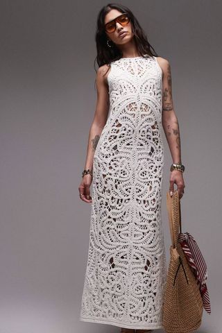 Topshop knitted premium crochet maxi dress in ivory