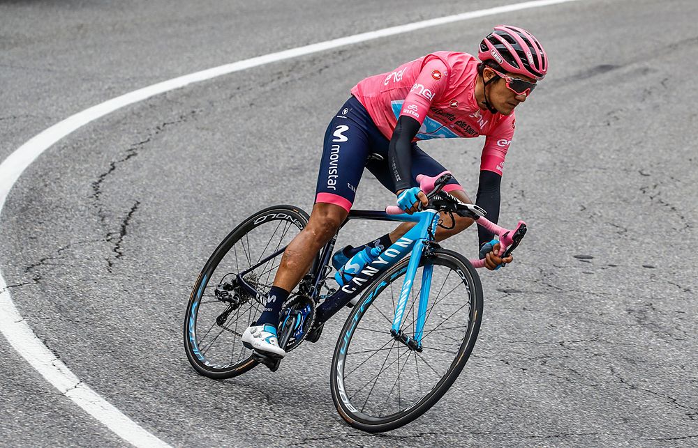 Richard Carapaz (Movistar) in the overall leader's jersey during stage 16 at the Giro d'Italia