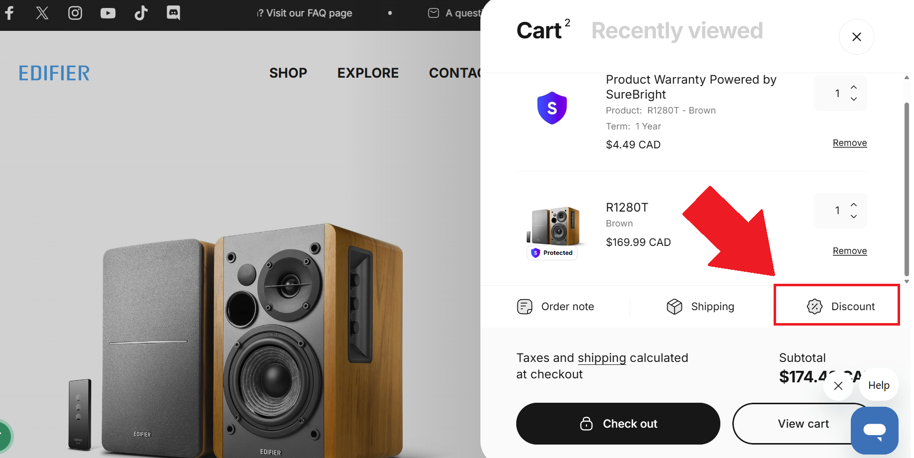 A screenshot of the edifier shopping basket showing where to enter an edifier promo code