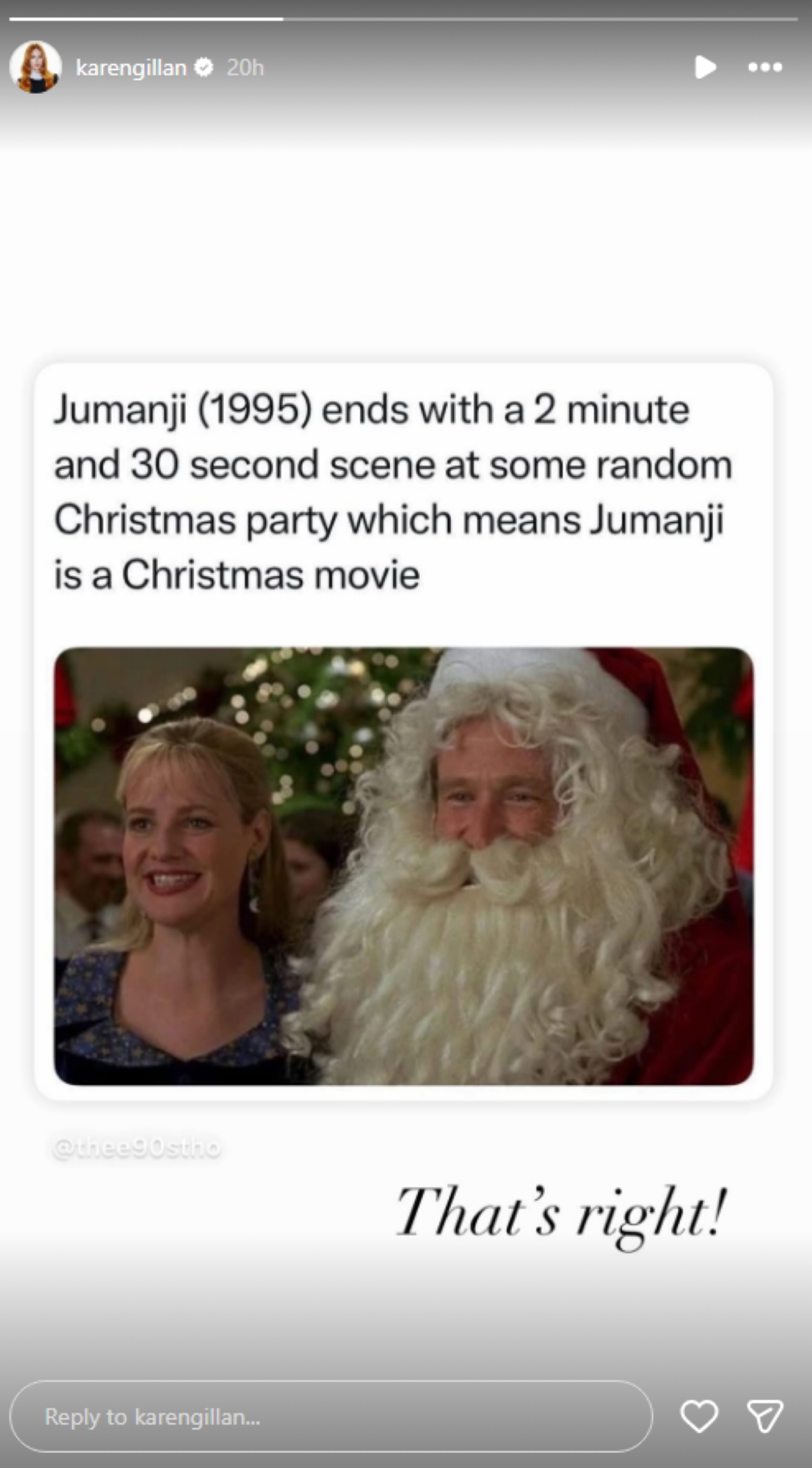 Instagram post arguing Jumanji is a Christmas movie