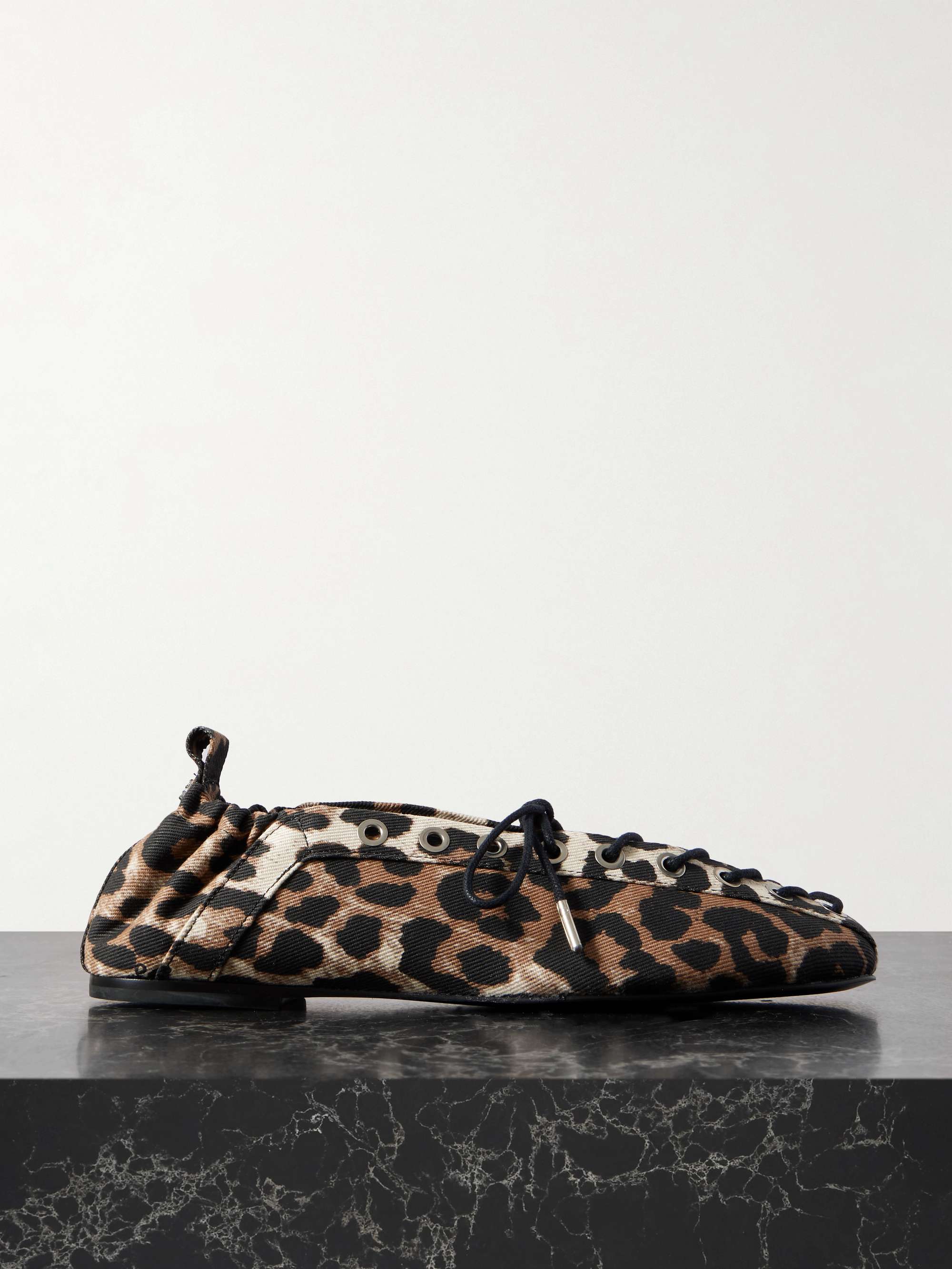 Lace-Up Leopard-Print Denim Ballet Flats