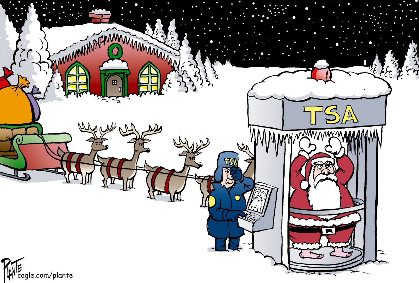 This cartoon is set outside in a winter landscape. There&amp;rsquo;s a house decorated for Christmas in the background and evergreen trees are covered in snow. At right, Santa Claus is inside a TSA body scanner with his arms raised. He looks annoyed. Santa&amp;rsquo;s reindeers and sleigh are in the background awaiting his return as a TSA agent in winter clothing checks to make sure Santa passes the security check.