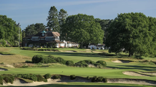 Sunningdale Golf Club Old Course 18th hole pictured with clubhouse beyond