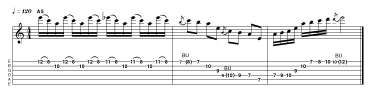 We begin with a rhythmically displaced minor triad. Later in bar 1 the 5th of the triad is flattened for a more sinister sound. Then we exploit the sophisticated minor-add2 arpeggio (R 2 b3 5), but the bends stop things from sounding clinical.