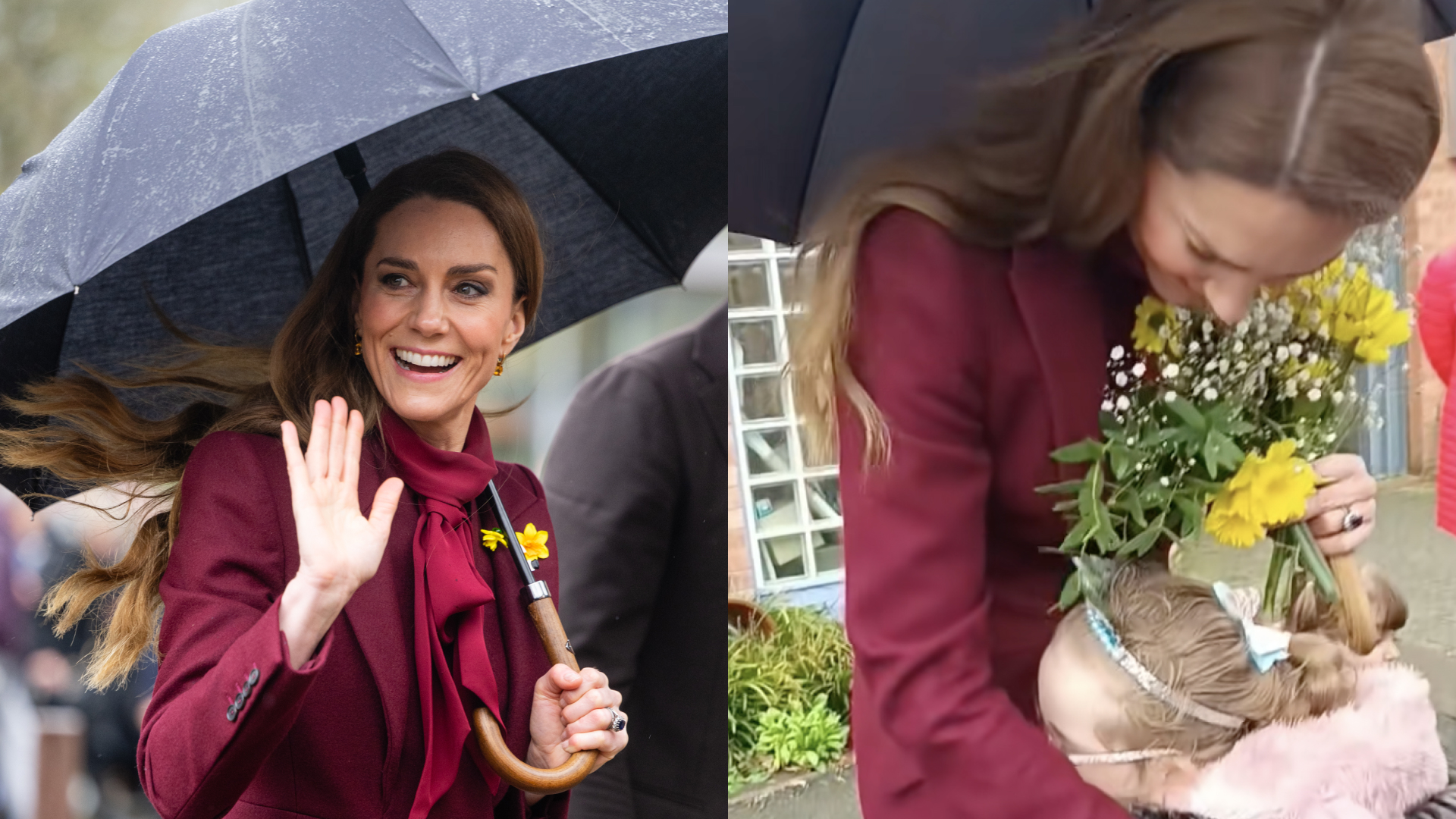 Princess Kate holding an umbrella and smiling