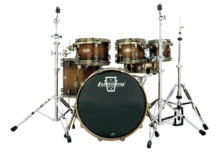 All of the shell hardware on Epic kits is bronze-coated for what Ludwig describes as a 'vintage' look
