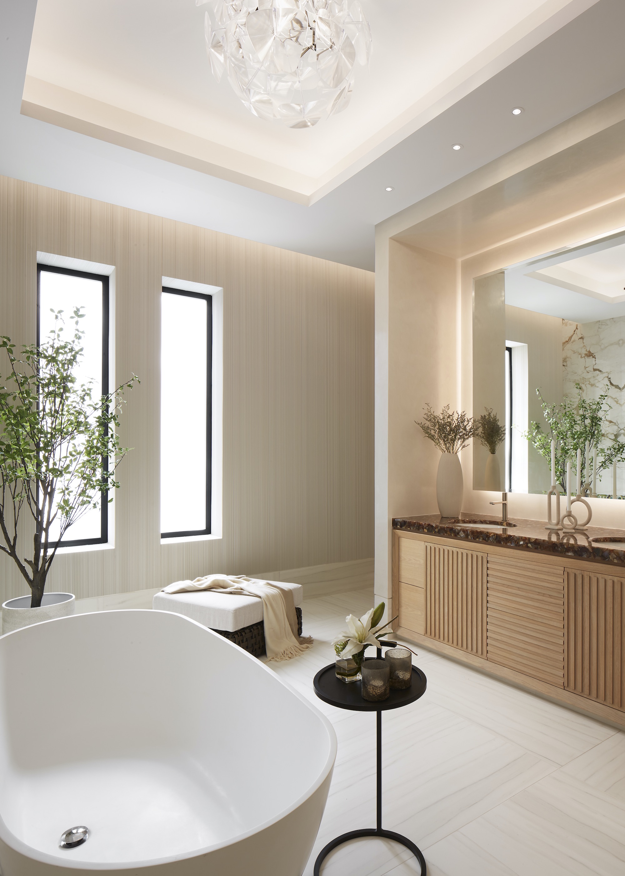 modern bathroom with layers of lighting