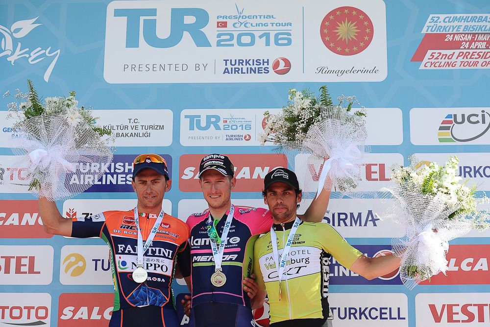 Daniele Colli of Nippo-Vini Fantini, Sacha Modolo of Lampre-Merida and Marco Zanotti of Parkhotel Valkenburg celebrate on the podium for Stage 4 of the 2016 Tour of Turkey