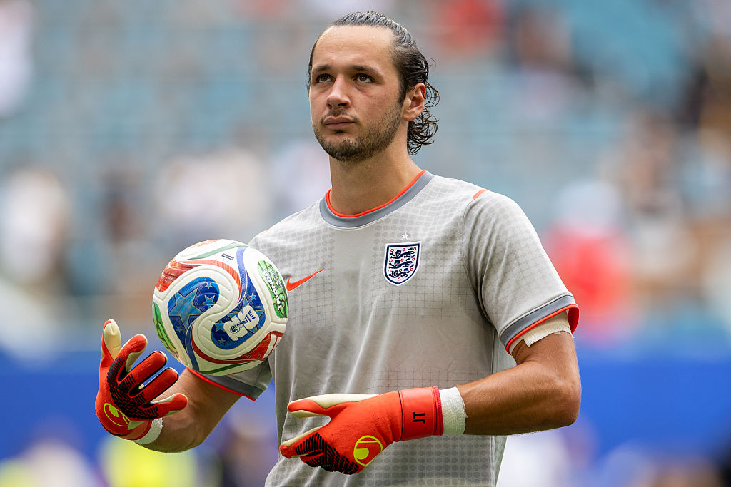 MIAMI GARDENS, FLORIDA - JULY 11: James Trafford #23 of England looks to the scoreboard before the FIFA World Cup 2026 Quarter Final match between Norway and England at Miami Stadium on July 11, 2026 in Miami Gardens, Florida. (Photo by Eston Parker/ISI Photos/ISI Photos via Getty Images)