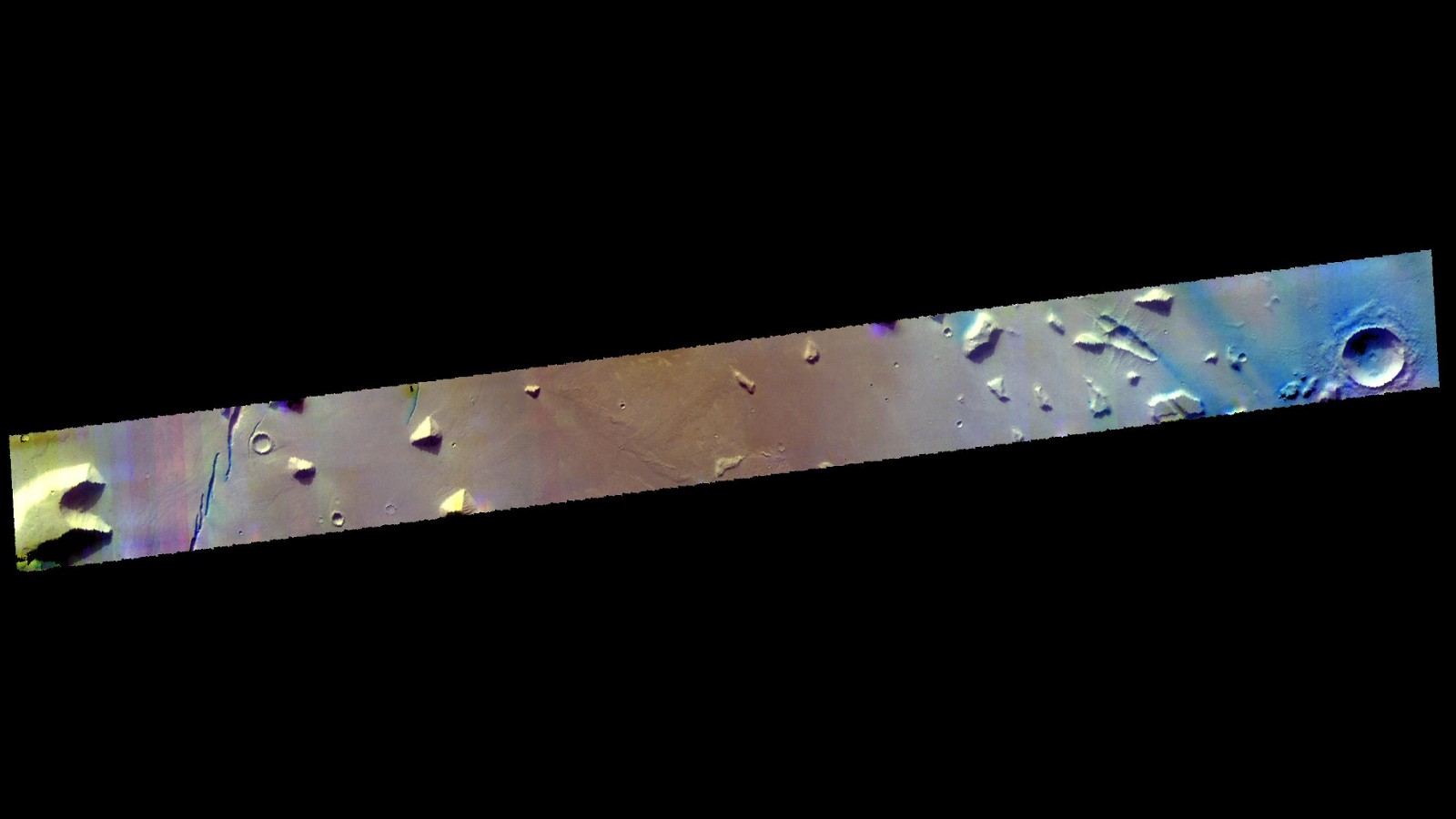 Here we see a false color image of Elysium Planitia on Mars. The linear depressions on the left are created by tectonic faults.
