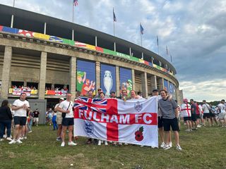 FourFourTwo Editor James Andrew poses with Fulham fans outside the Olympiastadion in Berlin