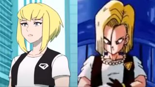 Kara and Android 18 both wearing black vests and a white shirt