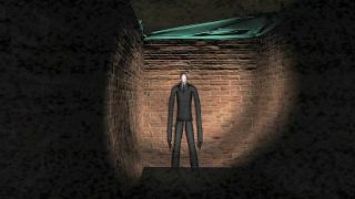 Best horror games - Slender the eight pages screenshot of Slenderman standing against a brick wall.