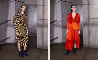 Two images, Left- Model wearing asymmetric style dress featuring swirling optical prints, Right- Model wearing wrap dress in tangerine orange with matching bum bag