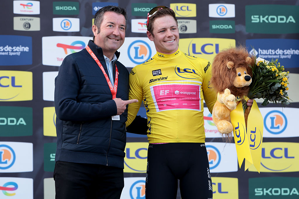 CARRIERES-SOUS-POISSY, FRANCE - MARCH 8: Karl Olive poses with Luke Lamperti of USA and Team EF Education - EasyPost who wears the race leader&amp;amp;apos;s yellow jersey during the podium ceremony following Stage 1 of the 84th Paris-Nice 2026, a 170.9km stage from Acheres to Carrieres-sous-Poissy / #UCIWT / on March 8, 2026 in Carrieres-sous-Poissy, France. (Photo by Jean Catuffe/Getty Images)