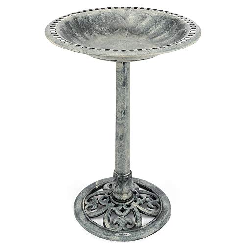 Christow Plastic Resin Bird Bath for Garden, Round Pedestal Birdbath, Traditional Victorian Style, Rustic Metal Effect, Standing Outdoor Water Bowl, 60cm X 43cm X 43cm (grey)