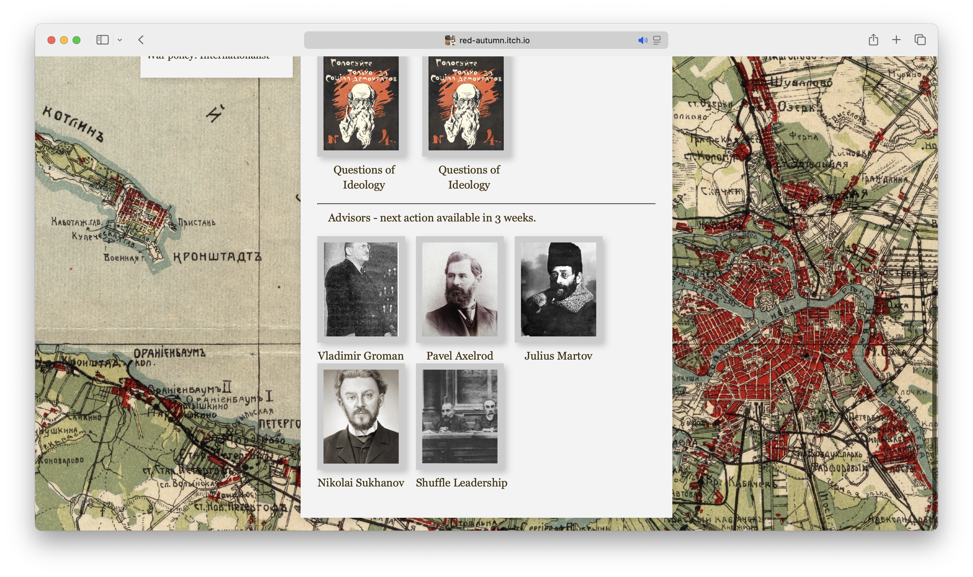 Advisor cards in Petrograd 1917: Vladimir Groman, Pavel Axelrod, Julius Martov, and Nikolai Sukhanov.
