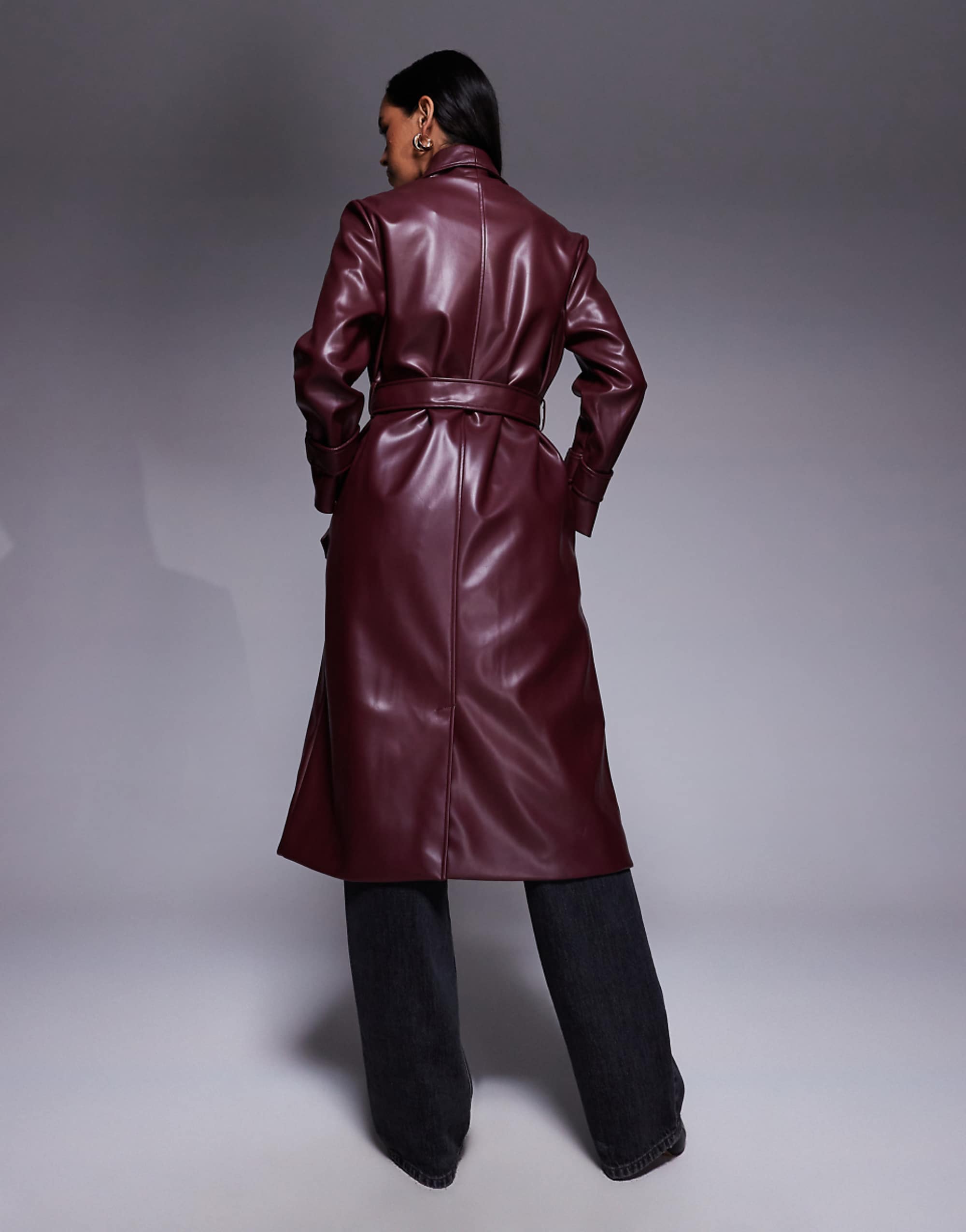 River Island Faux Leather Longline Wrap Coat in Dark Red