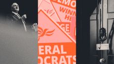 Photo collage illustration of Ed Davey, 10 Downing Street and Liberal Democrat placards
