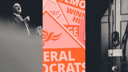 Photo collage illustration of Ed Davey, 10 Downing Street and Liberal Democrat placards