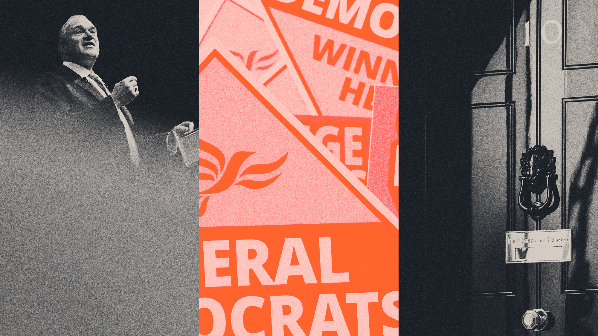 Photo collage illustration of Ed Davey, 10 Downing Street and Liberal Democrat placards