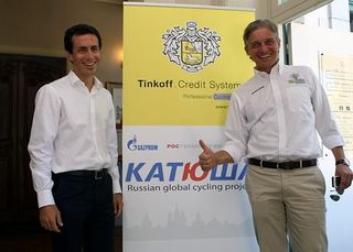 Oleg Tinkov with Stefano Feltrin (l) this July in Pau.