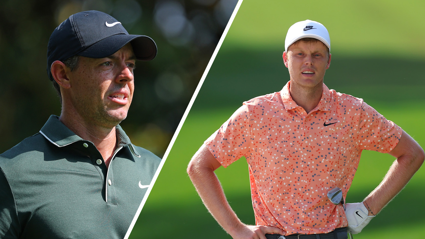 (left) Rory McIlroy looks on during day one of the 2025 PGA Championship while Cam Davis stands with his hands on his hips (right)