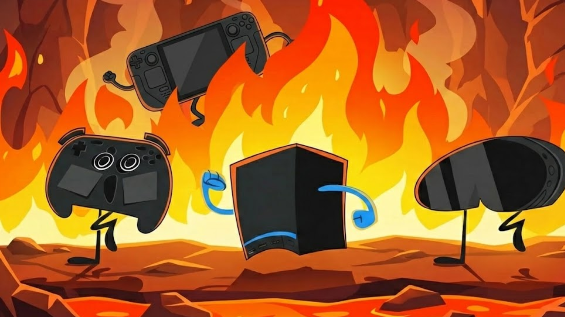 Valve's Steam Deck, Steam Controller, Steam Machine, and Steam Frame on fire