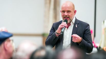 Steve Hilton, California gubernatorial candidate, speaks during an affordability town hall at Hotel Zessa in Santa Ana on Wednesday, March 18, 2026