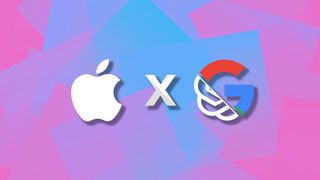 Apple logo paired with split section of Google and OpenAI logo