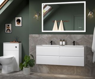 loft conversion bathroom with double sink, white vanity unit, LED wall mirror and wall lights either side