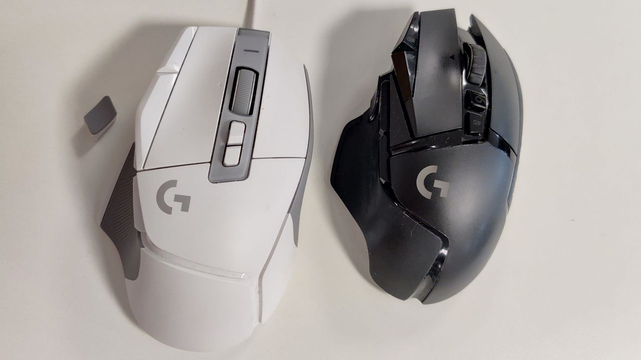 The Logitech G502 X top down next to the previous model.