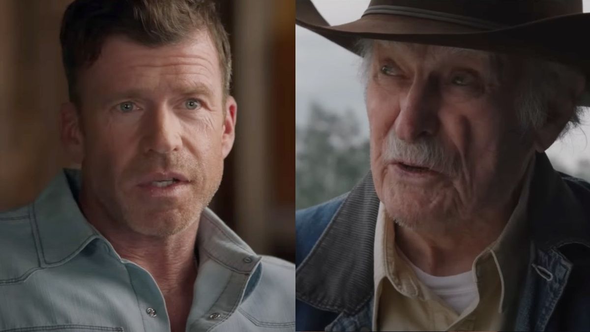 From left to right: Taylor Sheridan talking to the camera and Dabney Coleman playing John Dutton Sr. in Yellowstone.