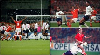 UTCH STRIKER DENNIS BERGKAMP SCORES HOLLAND&#039;s SECOND GOAL IN THEIR 2-0 DEFEAT OF ENGLAND. Mandatory Credit: Shaun Botterill/ALLSPORT England Netherlands Euro 2024