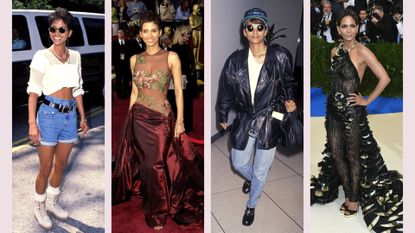 Four of Halle Berry's best style moments in a beige four-picture template