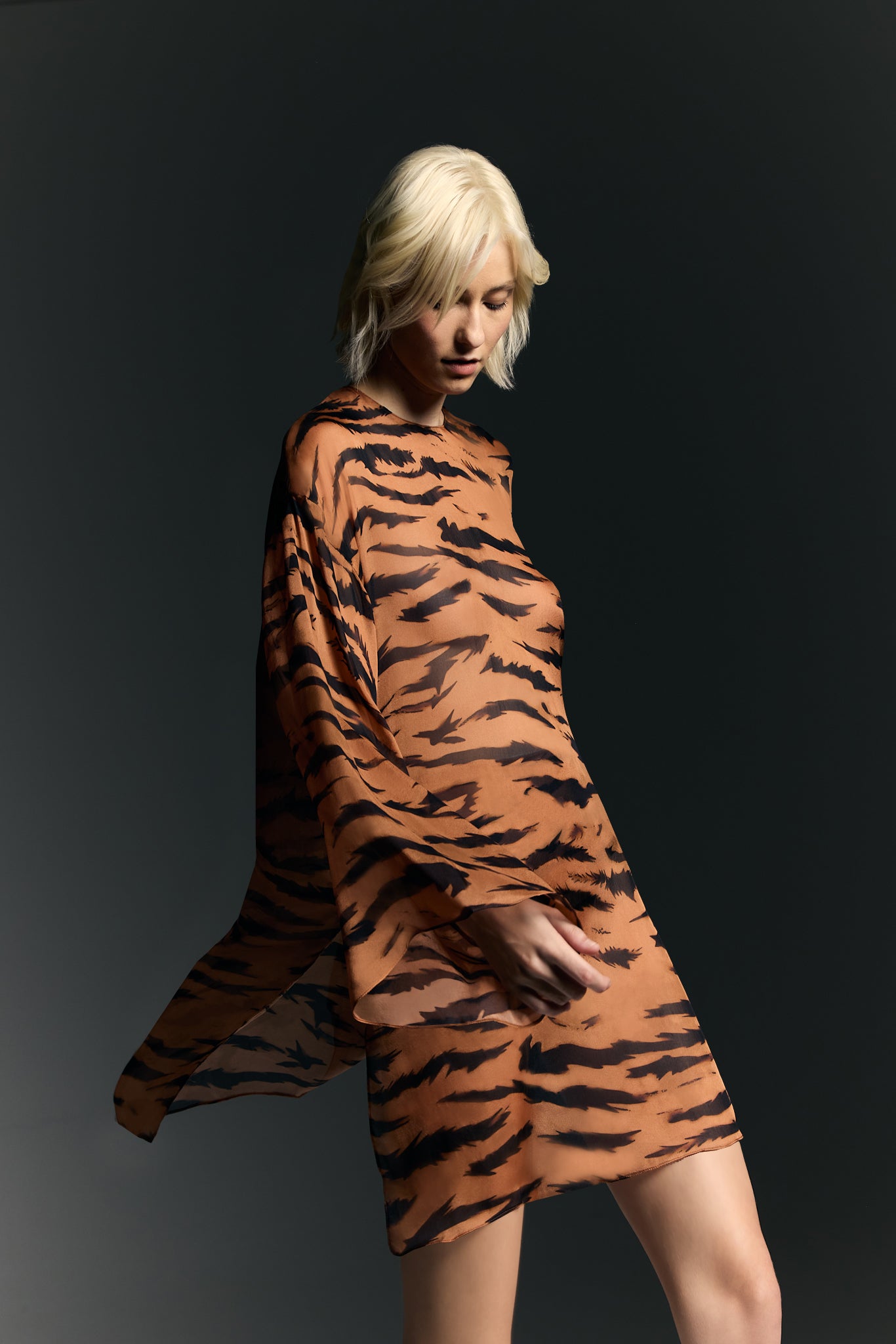 Wide Sleeve Silk Mini Dress - Xs / Tiger