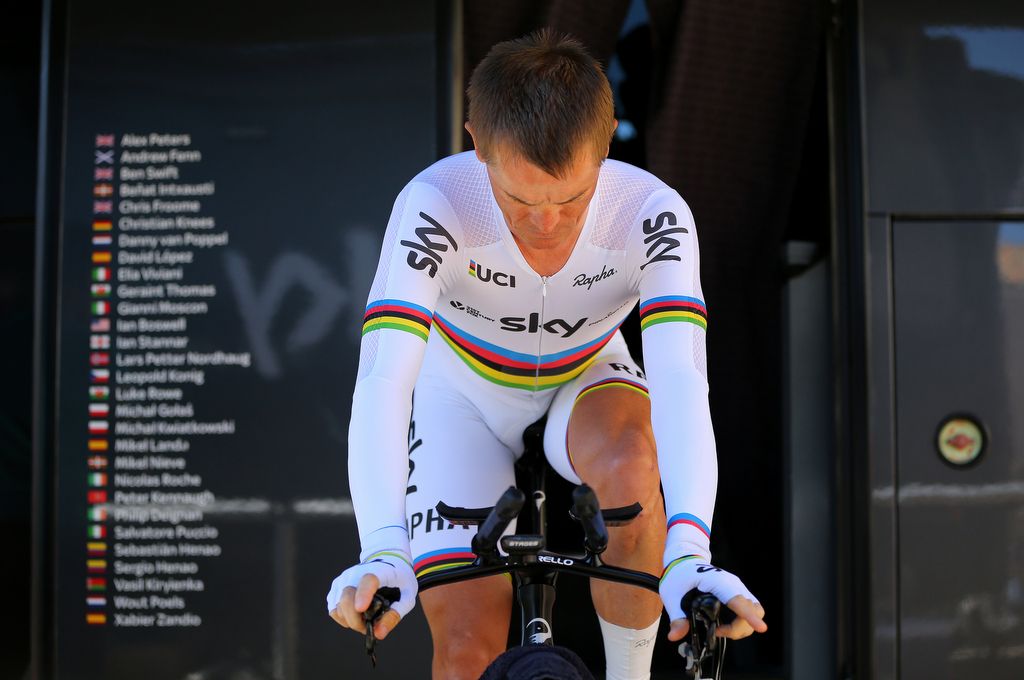 World Champion Vasil Kiryienka (Team Sky) warms up