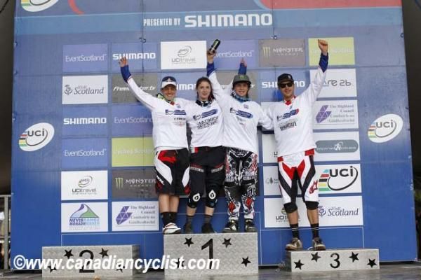 World Cup overall leaders (L to R) Tracy Moseley (elite woman), Manon Carpenter (junior woman), Troy Brosnan (junior man), Greg Minnaar (elite man)