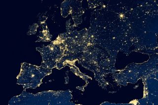 The UK and Europe as seen from space at night.