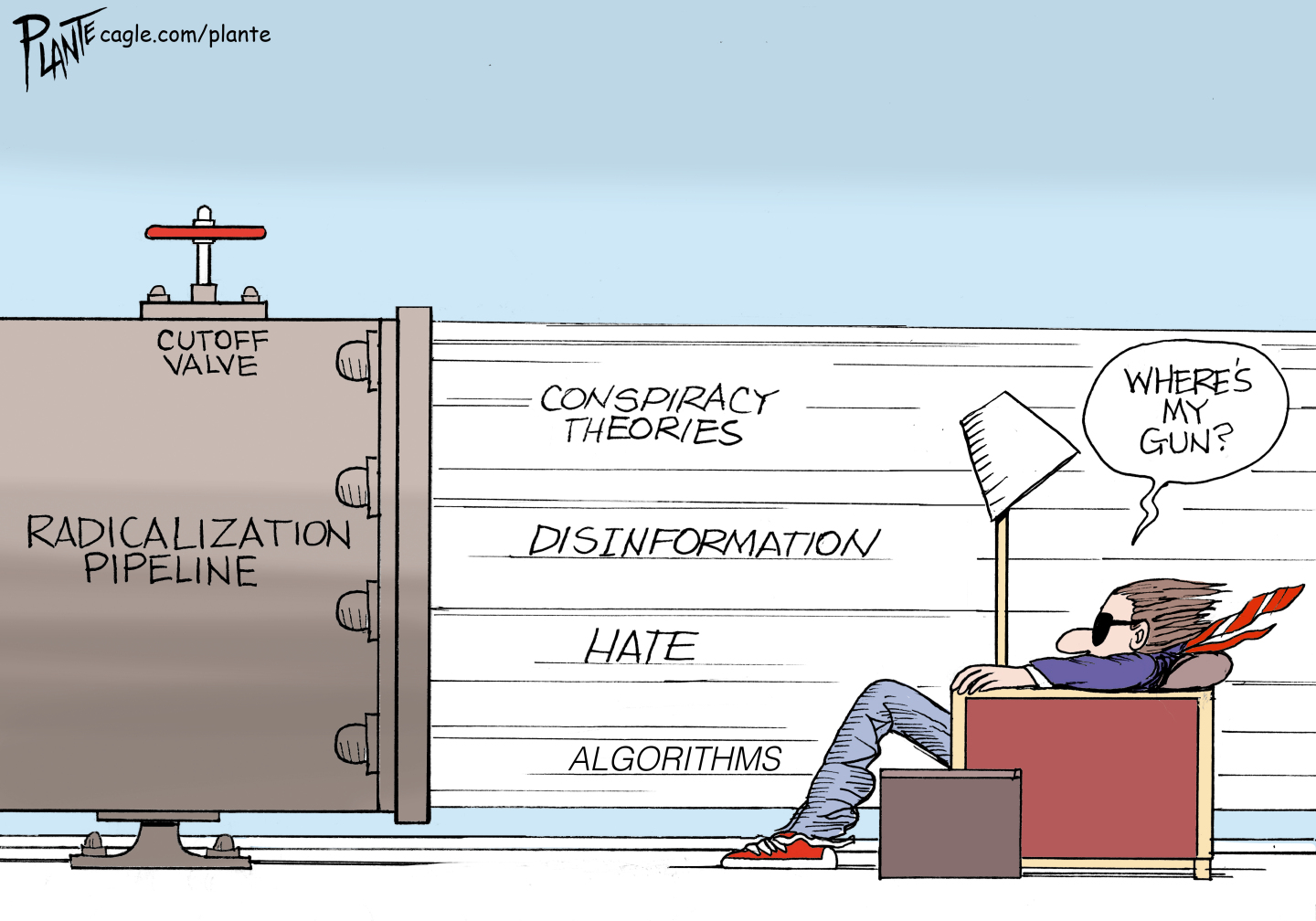 This cartoon plays off the famous print and television advertisement of the 1980s for Maxell tapes, which depicted a man in a chair listening to music that blew his hair and clothes back as if it was wind. In this cartoon, he says &amp;ldquo;Where&amp;rsquo;s my gun?&amp;rdquo; as a pipe labeled &amp;ldquo;Radicalization Pipeline&amp;rdquo; has been opened and blows &amp;ldquo;Conspiracy Theories, Disinformation, Hate, and Algorithms&amp;rdquo; at the man.