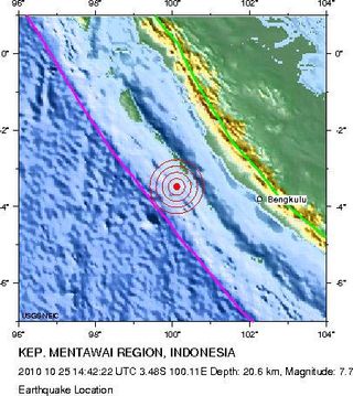 A map showing the location of a 7.7 magnitude quake that struck west of Indonesia on October 25, 2010. The ensuing tsunami killed 400 people. The earthquake was later identified as a 'slow' earthquake.