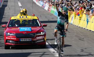 Team Bora rider Germanys Lennard Kamna celebrates as he crosses the finish line at the end of the fourth stage of the 72nd edition of the Criterium du Dauphine cycling race 153 km between Ugine and Megeve on August 15 2020 Photo by EDDY LEMAISTRE POOL AFP Photo by EDDY LEMAISTREPOOLAFP via Getty Images