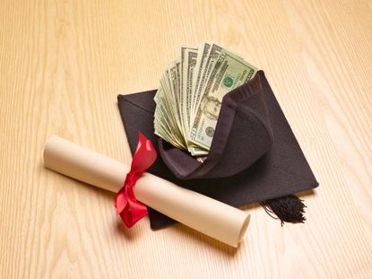 photo illustration of money and graduation cap