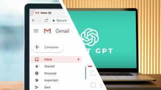 Two laptop screens showing Gmail and the ChatGPT logo