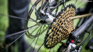 Elsewhere, the SRAM X01 drivetrain's chain and cassette have been given a ceramic titanium nitride coating as part of SRAM's BlackBox athlete program, which results in a blinged-out gold look but also hugely increased wear resistance.