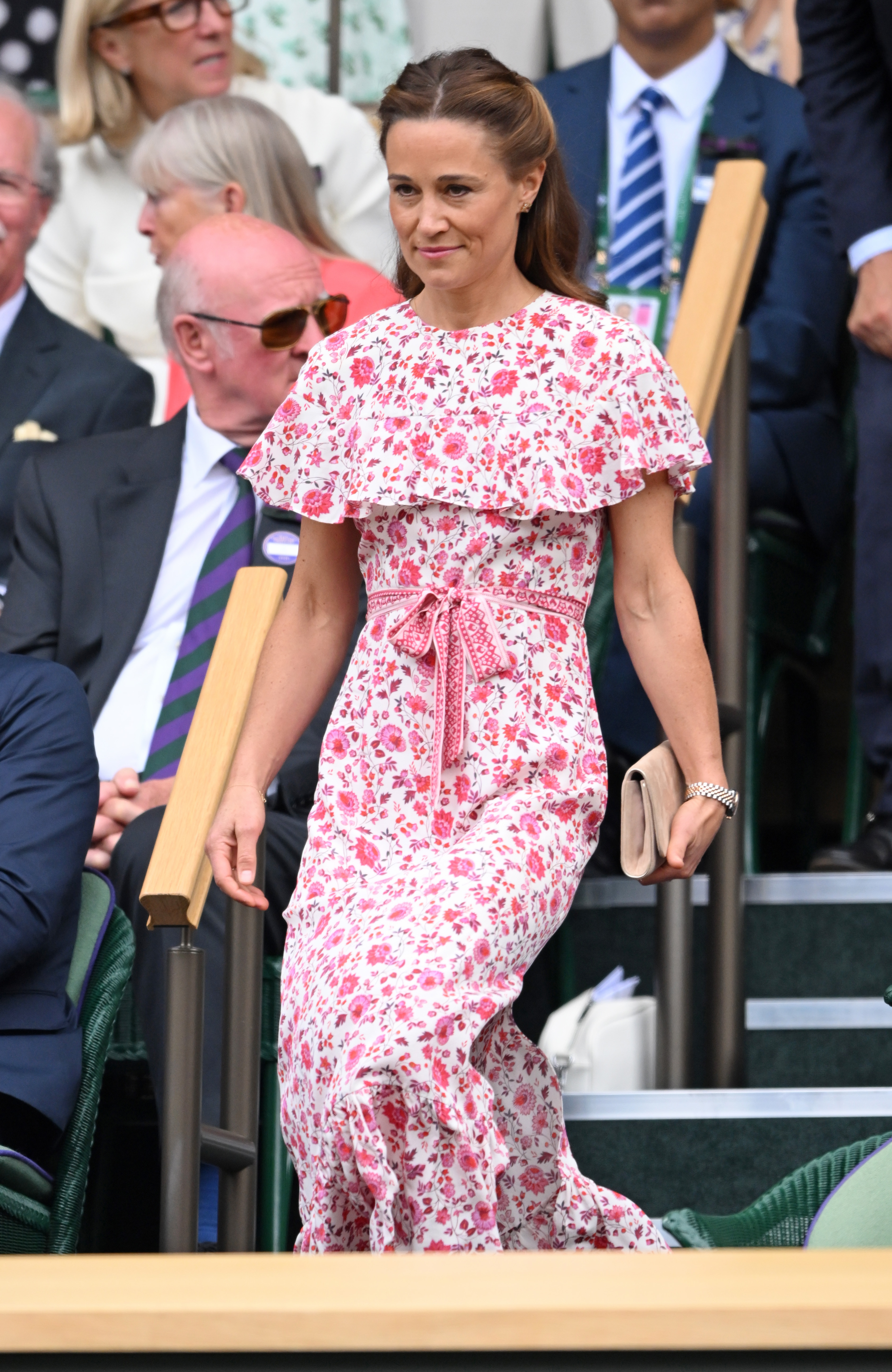 Pippa Middleton wearing a pink floral dress at Wimbledon