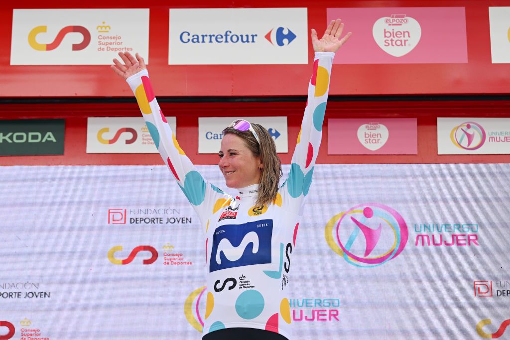 LAREDO SPAIN MAY 06 Annemiek Van Vleuten of The Netherlands and Movistar Team celebrates at podium as Polka dot Mountain Jersey winner during the 9th La Vuelta Femenina 2023 Stage 6 a 1061km stage from Castro Urdiales to Laredo UCIWWT on May 06 2023 in Laredo Spain Photo by Dario BelingheriGetty Images