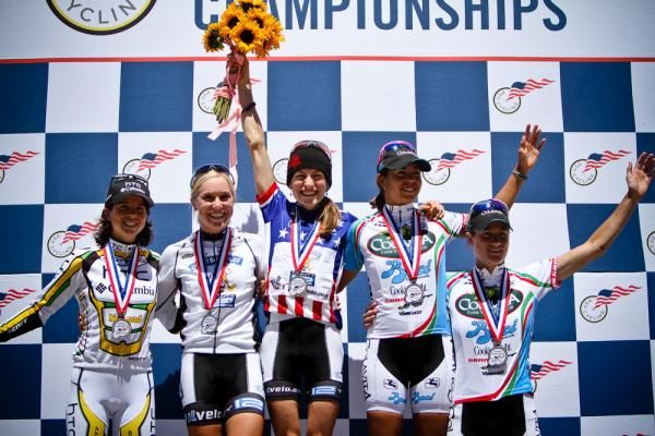 Women's podium (L-R): Evelyn Stevens (Team HTC-Columbia), Shelley Evans (Peanut Butter &amp; Co. TWENTY 12), Mara Abbott (Peanut Butter &amp; Co./TWENTY 12), Carmen Small (COLAVITA/BACI) and Theresa Cliff-Ryan (COLAVITA/BACI).