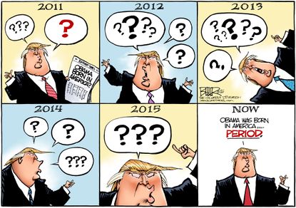 Political cartoon U.S. Donald Trump Barack Obama birth certificate