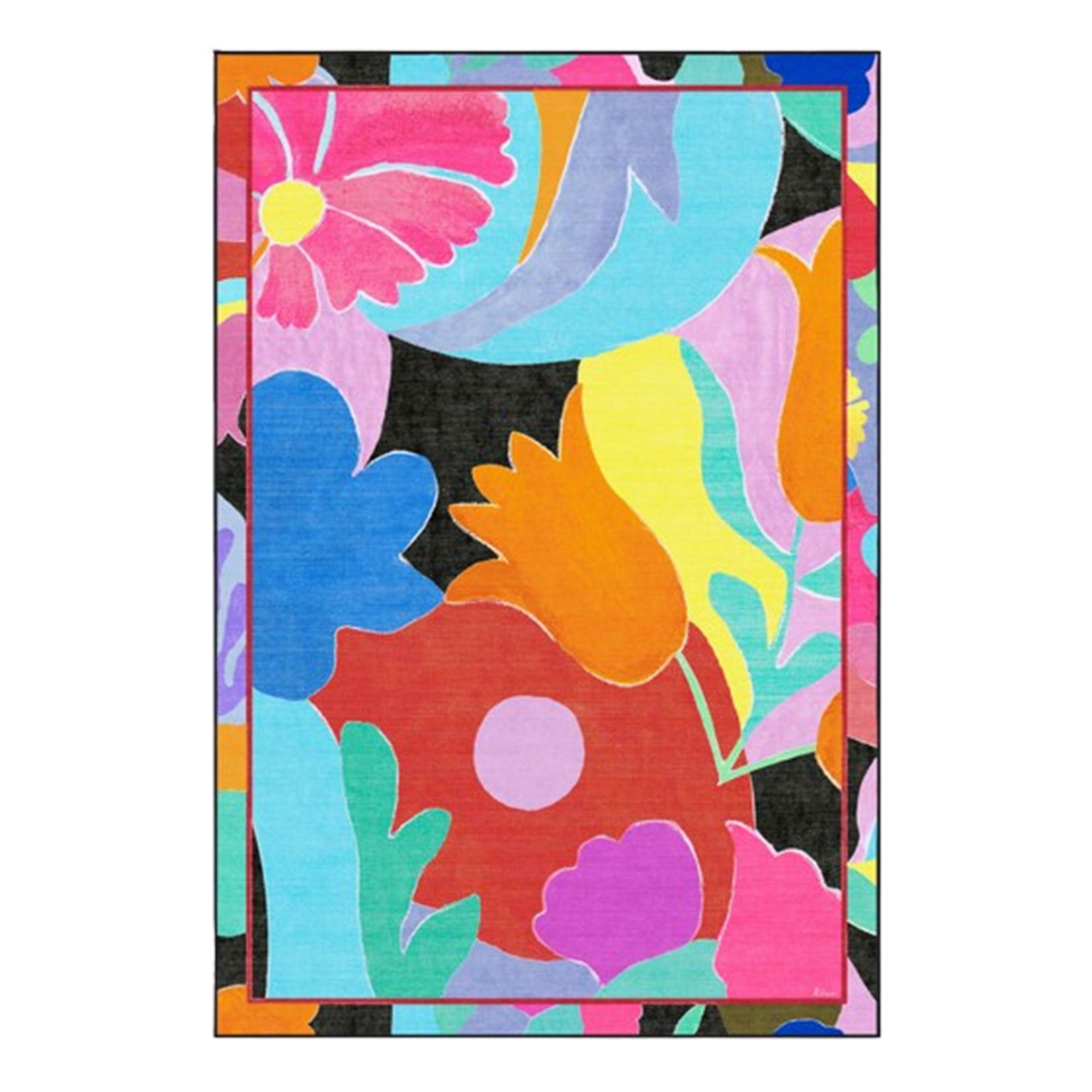 Colourful pink, orange, red, yellow and blue rug with floral pattern on white background